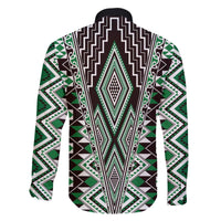 Green Aotearoa Tukutuku and Poutama Motif Family Matching Off The Shoulder Long Sleeve Dress and Hawaiian Shirt