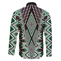 Green Aotearoa Tukutuku and Poutama Motif Family Matching Off Shoulder Short Dress and Hawaiian Shirt LT03 - Polynesian Pride