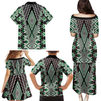 Green Aotearoa Tukutuku and Poutama Motif Family Matching Puletasi and Hawaiian Shirt LT03 - Polynesian Pride