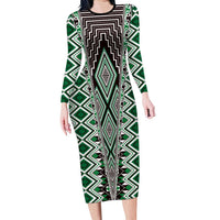 Green Aotearoa Tukutuku and Poutama Motif Long Sleeve Bodycon Dress