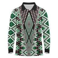 Green Aotearoa Tukutuku and Poutama Motif Long Sleeve Polo Shirt LT03 Green - Polynesian Pride