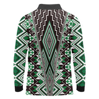 Green Aotearoa Tukutuku and Poutama Motif Long Sleeve Polo Shirt LT03 - Polynesian Pride
