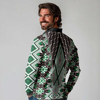 Green Aotearoa Tukutuku and Poutama Motif Long Sleeve Polo Shirt LT03 - Polynesian Pride