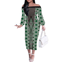 Green Aotearoa Tukutuku and Poutama Motif Off The Shoulder Long Sleeve Dress LT03 Women Green - Polynesian Pride