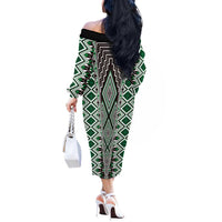 Green Aotearoa Tukutuku and Poutama Motif Off The Shoulder Long Sleeve Dress LT03 - Polynesian Pride