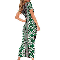 Green Aotearoa Tukutuku and Poutama Motif Short Sleeve Bodycon Dress LT03 - Polynesian Pride