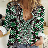 Green Aotearoa Tukutuku and Poutama Motif Women Casual Shirt LT03 Female Green - Polynesian Pride