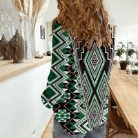 Green Aotearoa Tukutuku and Poutama Motif Women Casual Shirt LT03 - Polynesian Pride