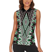 Green Aotearoa Tukutuku and Poutama Motif Women Sleeveless Polo Shirt LT03 - Polynesian Pride