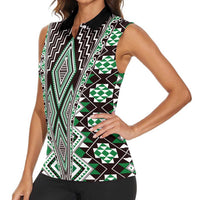 Green Aotearoa Tukutuku and Poutama Motif Women Sleeveless Polo Shirt LT03 - Polynesian Pride