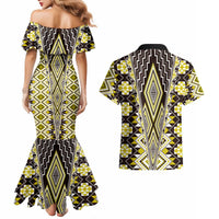 Yellow Aotearoa Tukutuku and Poutama Motif Couples Matching Mermaid Dress and Hawaiian Shirt LT03 - Polynesian Pride