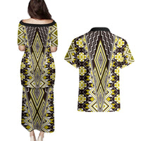 Yellow Aotearoa Tukutuku and Poutama Motif Couples Matching Puletasi and Hawaiian Shirt LT03 - Polynesian Pride