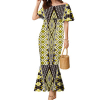 Yellow Aotearoa Tukutuku and Poutama Motif Family Matching Mermaid Dress and Hawaiian Shirt LT03 Mom's Dress Yellow - Polynesian Pride