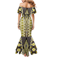 Yellow Aotearoa Tukutuku and Poutama Motif Family Matching Mermaid Dress and Hawaiian Shirt LT03 - Polynesian Pride