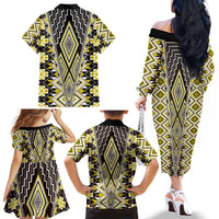 Yellow Aotearoa Tukutuku and Poutama Motif Family Matching Off The Shoulder Long Sleeve Dress and Hawaiian Shirt