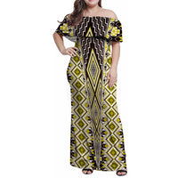 Yellow Aotearoa Tukutuku and Poutama Motif Family Matching Off Shoulder Maxi Dress and Hawaiian Shirt LT03 Mom's Dress Yellow - Polynesian Pride