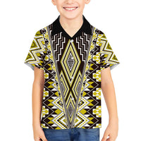 Yellow Aotearoa Tukutuku and Poutama Motif Family Matching Short Sleeve Bodycon Dress and Hawaiian Shirt LT03 Son's Shirt Yellow - Polynesian Pride