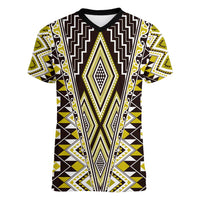 Yellow Aotearoa Tukutuku and Poutama Motif Women V-Neck T-Shirt LT03 Female Yellow - Polynesian Pride