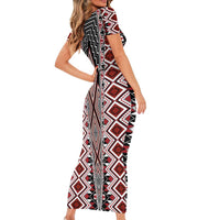 Red Aotearoa Tukutuku and Poutama Motif Short Sleeve Bodycon Dress