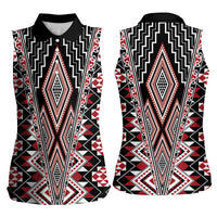 Red Aotearoa Tukutuku and Poutama Motif Women Sleeveless Polo Shirt LT03 - Polynesian Pride