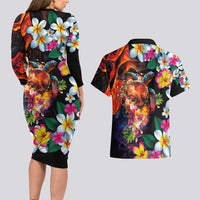 Hawaiian Lei Day Couples Matching Long Sleeve Bodycon Dress and Hawaiian Shirt Colorful Plumeria and Volcanic Turtle with Abstract Lava Texture