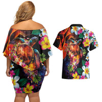 Hawaiian Lei Day Couples Matching Off Shoulder Short Dress and Hawaiian Shirt Colorful Plumeria and Volcanic Turtle with Abstract Lava Texture