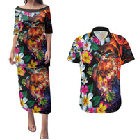 Hawaiian Lei Day Couples Matching Puletasi and Hawaiian Shirt Colorful Plumeria and Volcanic Turtle with Abstract Lava Texture LT03 Black - Polynesian Pride