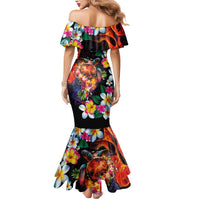 Hawaiian Lei Day Mermaid Dress Colorful Plumeria and Volcanic Turtle with Abstract Lava Texture