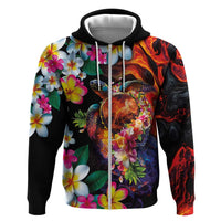 Hawaiian Lei Day Zip Hoodie Colorful Plumeria and Volcanic Turtle with Abstract Lava Texture LT03 Zip Hoodie Black - Polynesian Pride