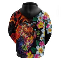 Hawaiian Lei Day Zip Hoodie Colorful Plumeria and Volcanic Turtle with Abstract Lava Texture LT03 - Polynesian Pride