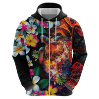 Hawaiian Lei Day Zip Hoodie Colorful Plumeria and Volcanic Turtle with Abstract Lava Texture LT03 - Polynesian Pride