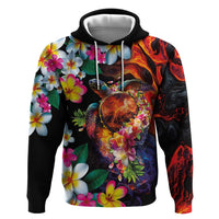 Hawaiian Lei Day Zip Hoodie Colorful Plumeria and Volcanic Turtle with Abstract Lava Texture LT03 Pullover Hoodie Black - Polynesian Pride