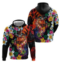 Hawaiian Lei Day Zip Hoodie Colorful Plumeria and Volcanic Turtle with Abstract Lava Texture LT03 - Polynesian Pride