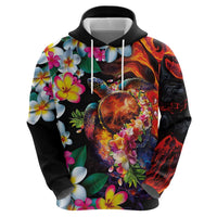 Hawaiian Lei Day Zip Hoodie Colorful Plumeria and Volcanic Turtle with Abstract Lava Texture LT03 - Polynesian Pride
