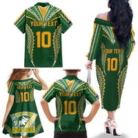 Custom Cook Islands Rugby League Family Matching Off The Shoulder Long Sleeve Dress and Hawaiian Shirt Tatau Tribal Pattern-Special Edition Green Color