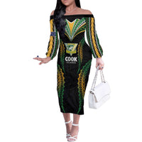 Custom Cook Islands Rugby League Family Matching Off The Shoulder Long Sleeve Dress and Hawaiian Shirt Tatau Tribal Pattern-Special Edition Black Color