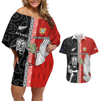 Custom Tonga and New Zealand Rugby Couples Matching Off Shoulder Short Dress and Hawaiian Shirt Maori Mix Ngatu Pattern LT03 Black - Polynesian Pride