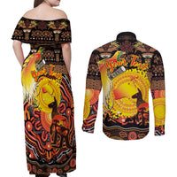 Personalized Australia and Papua New Guinea Together Couples Matching Off Shoulder Maxi Dress and Long Sleeve Button Shirt Kangaroo Aboriginal Art and Bird-of-paradise Oro Tribal Motifs - Polynesian Pride