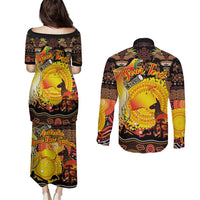 Personalized Australia and Papua New Guinea Together Couples Matching Puletasi and Long Sleeve Button Shirt Kangaroo Aboriginal Art and Bird-of-paradise Oro Tribal Motifs - Polynesian Pride