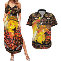 Personalized Australia and Papua New Guinea Together Couples Matching Summer Maxi Dress and Hawaiian Shirt Kangaroo Aboriginal Art and Bird-of-paradise Oro Tribal Motifs - Polynesian Pride