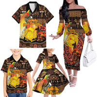 Personalized Australia and Papua New Guinea Together Family Matching Off The Shoulder Long Sleeve Dress and Hawaiian Shirt Kangaroo Aboriginal Art and Bird-of-paradise Oro Tribal Motifs - Polynesian Pride