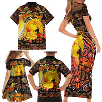Personalized Australia and Papua New Guinea Together Family Matching Short Sleeve Bodycon Dress and Hawaiian Shirt Kangaroo Aboriginal Art and Bird-of-paradise Oro Tribal Motifs - Polynesian Pride