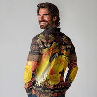 Personalized Australia and Papua New Guinea Together Long Sleeve Polo Shirt Kangaroo Aboriginal Art and Bird-of-paradise Oro Tribal Motifs - Polynesian Pride