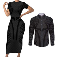 Hawaiian Kakau Art Tattoos Aquaman Style Couples Matching Short Sleeve Bodycon Dress and Long Sleeve Button Shirt Black Version - Polynesian Pride