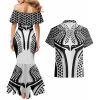 Hawaiian Kakau Art Tattoos Aquaman Style Couples Matching Mermaid Dress and Hawaiian Shirt White Version - Polynesian Pride