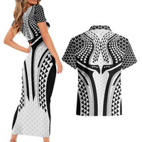 Hawaiian Kakau Art Tattoos Aquaman Style Couples Matching Short Sleeve Bodycon Dress and Hawaiian Shirt White Version - Polynesian Pride