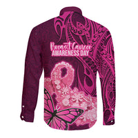 Polynesia Breast Cancer Long Sleeve Button Shirt Butterfly and Flowers Ribbon Maori Tattoo Ethnic Pink Style LT03 - Polynesian Pride