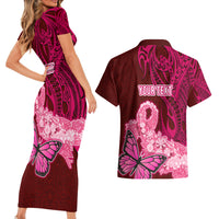 Custom Polynesia Breast Cancer Couples Matching Short Sleeve Bodycon Dress and Hawaiian Shirt Butterfly and Flowers Ribbon Maori Tattoo Ethnic Red Style LT03 - Polynesian Pride
