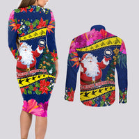 Cook Island Christmas Couples Matching Long Sleeve Bodycon Dress and Long Sleeve Button Shirt Santa Claus Mix Maroro and Kakaia Hibiscus Flower Maori Pattern LT03 - Polynesian Pride