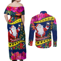 Personalised Cook Island Christmas Couples Matching Off Shoulder Maxi Dress and Long Sleeve Button Shirt Santa Claus Mix Maroro and Kakaia Hibiscus Flower Maori Pattern LT03 - Polynesian Pride